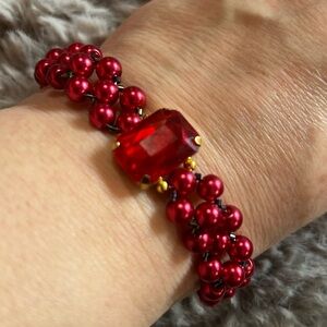 Handcrafted ruby red Czech glass pearl rainbow seed bead lattice bracelet